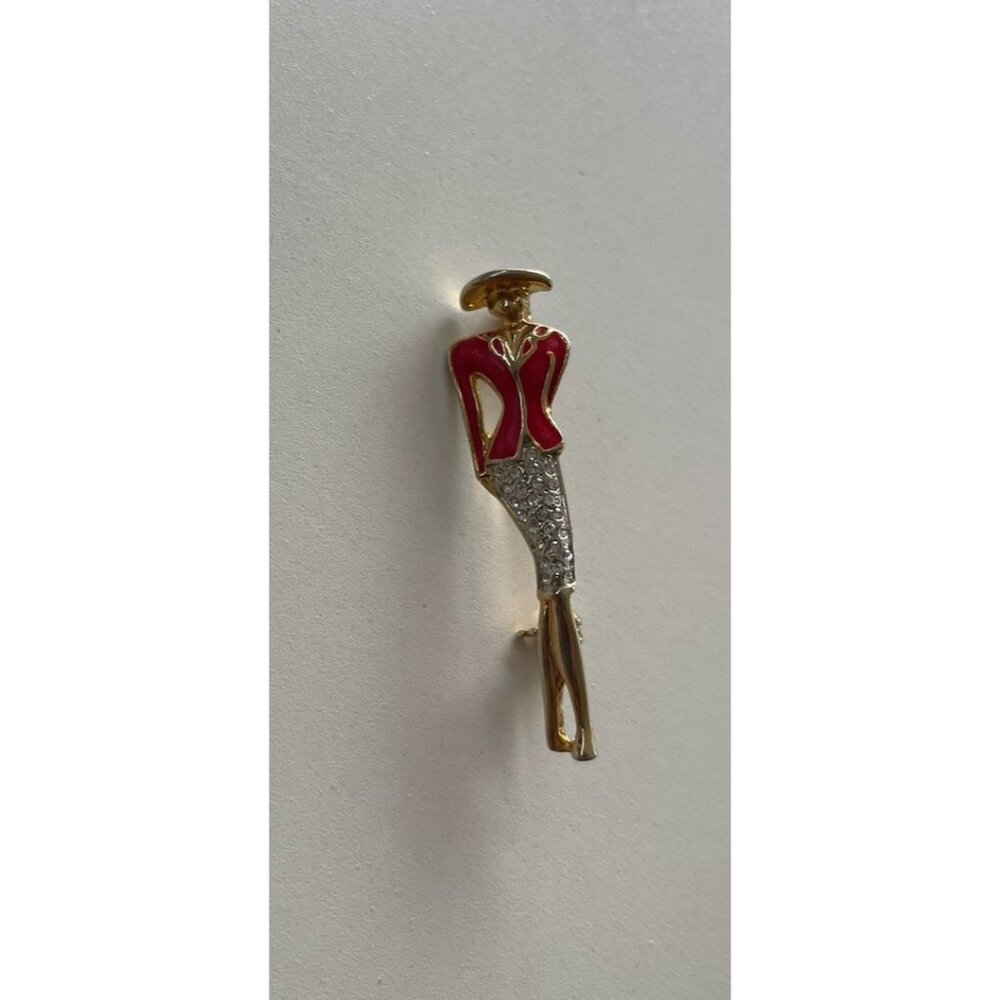Vintage Elegant Lady Art Rhinestone Gold Tone Pin Red Suite Women’s Stones